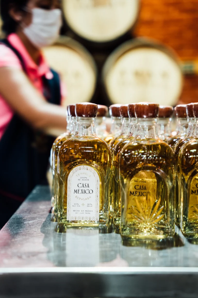 Casa México Reposado tequila bottles lined up on a steel table with oak aging barrels stacked in the background